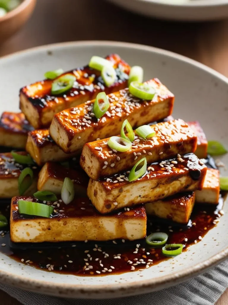 Plate of vegan bulgogi featuring tofu slices coated in a rich, savory sauce, topped with sesame seeds and fresh green onions. The golden-brown tofu glistens with the flavorful glaze, offering a plant-based twist on traditional Korean bulgogi for a delicious, meat-free meal