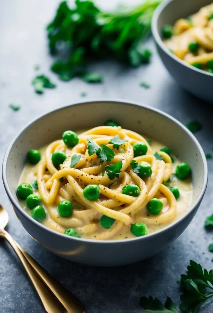 A steaming bowl of creamy vegan carbonara with peas, garnished with freshly cracked black pepper and chopped parsley