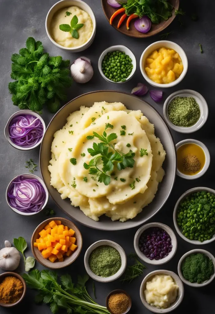 A table with 8 different bowls of vegan mashed potatoes, each garnished with various herbs and seasonings, surrounded by colorful vegetables and cooking utensils