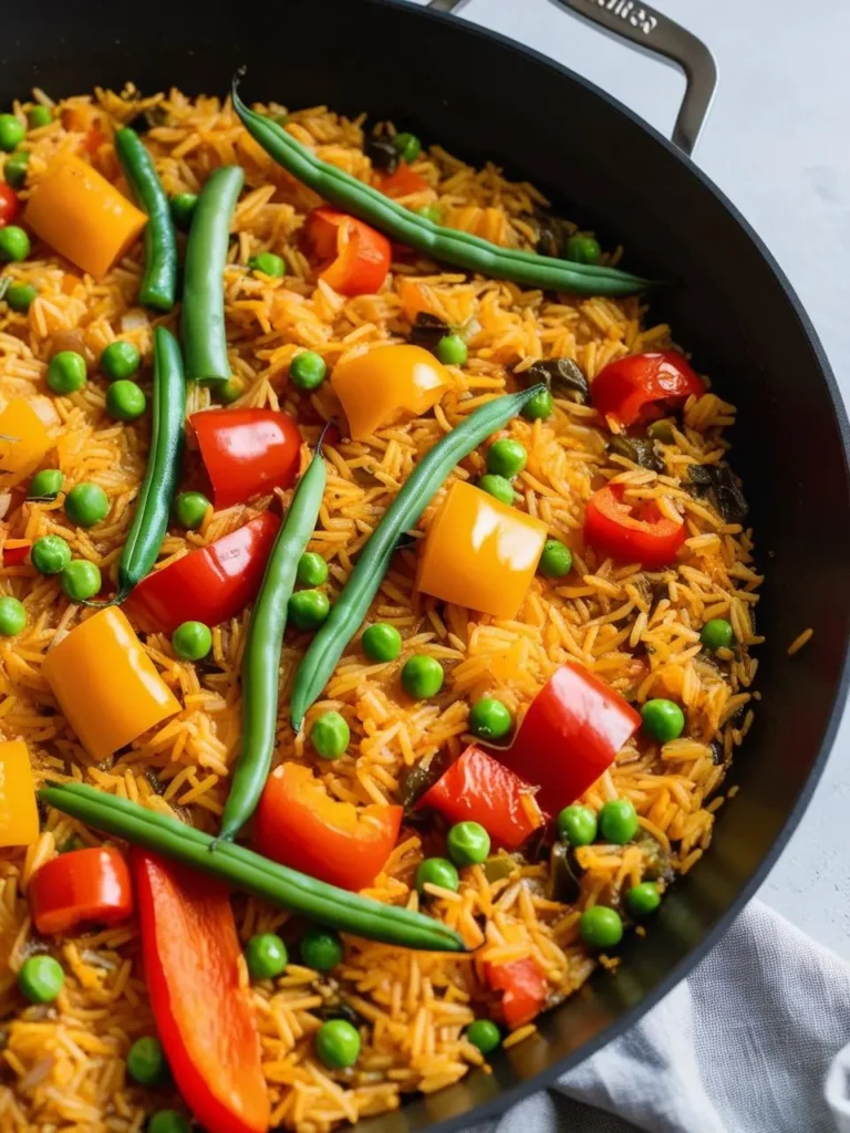 A large skillet filled with a vibrant paella dish. The paella is loaded with colorful vegetables like bell peppers, green beans, and peas, all mixed in with a bed of saffron-infused rice.