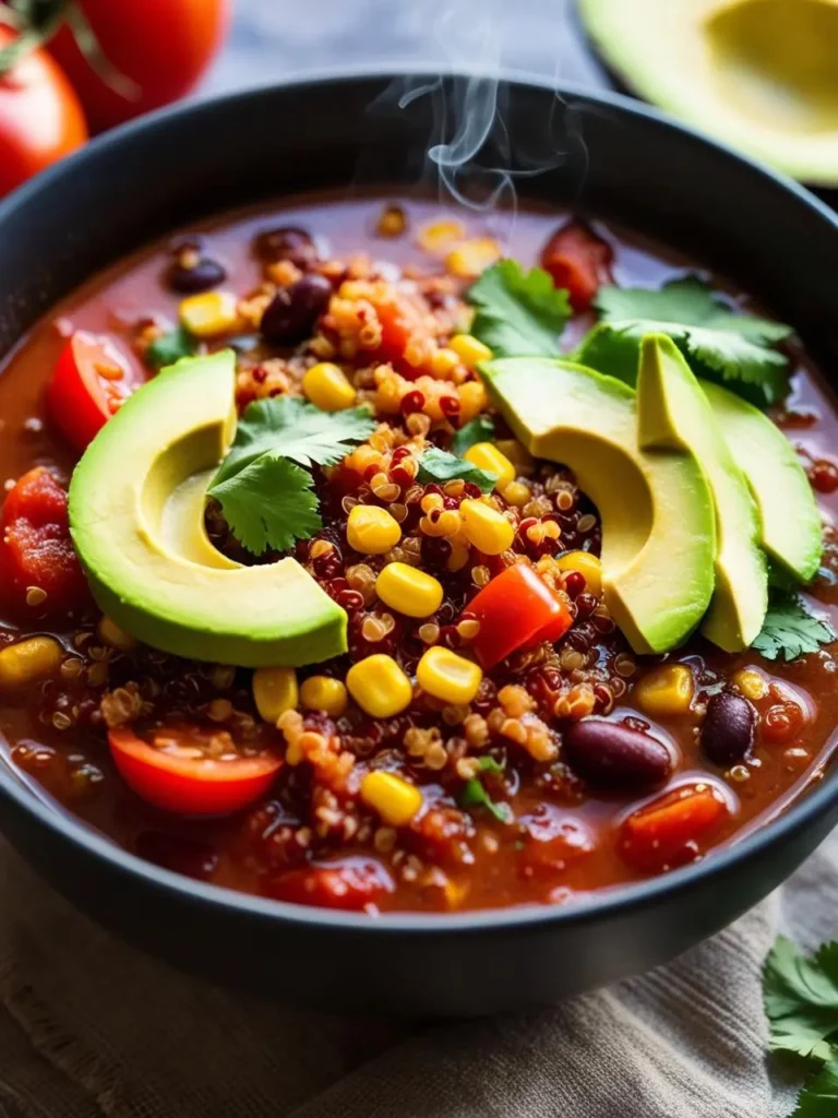 A steaming bowl of vegetarian chili with quinoa, black beans, corn, and tomatoes, topped with fresh avocado slices and cilantro. The chili looks hearty and flavorful, perfect for a cold day.