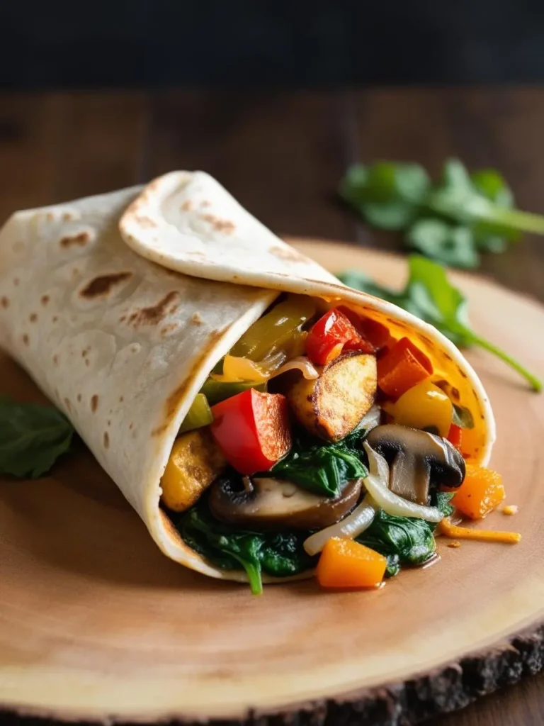 A vibrant veggie breakfast burrito on a wooden serving board, filled with sautéed spinach, mushrooms, bell peppers, onions, and roasted potatoes. The tortilla is lightly toasted, showcasing the fresh, colorful ingredients spilling slightly out. Perfect for a wholesome, plant-based start to the day with rich flavors and satisfying textures.