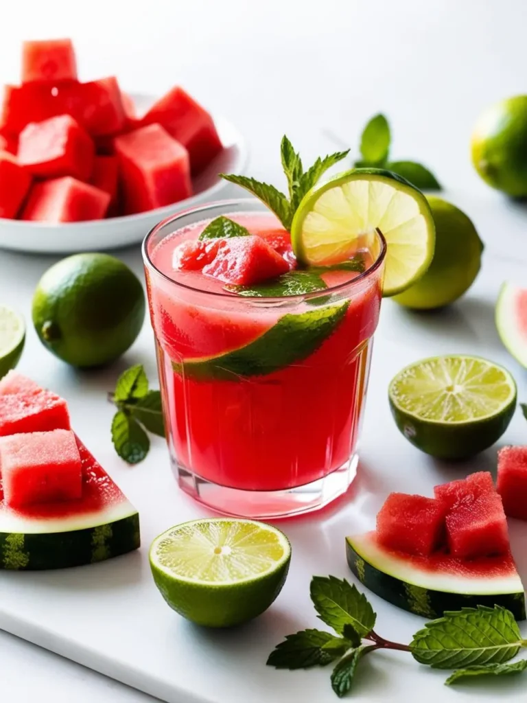 A vibrant glass of watermelon lime drink garnished with fresh lime slices and mint leaves, surrounded by watermelon cubes, whole limes, and mint sprigs. The drink's bright red hue and refreshing ingredients make it a perfect summer thirst-quencher.