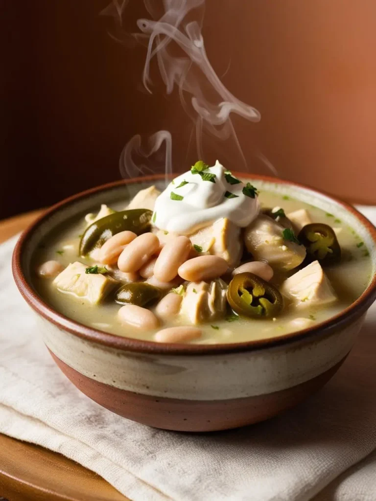 A steaming bowl of white chicken chili with white beans, green chiles, and a dollop of sour cream. The chili looks creamy and flavorful, perfect for a cold day.