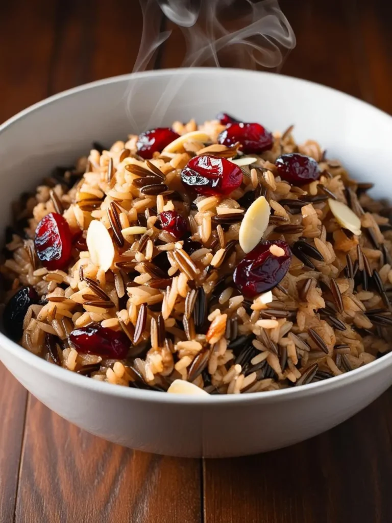 A bowl of steaming wild rice pilaf featuring a mix of wild and brown rice, garnished with dried cranberries and sliced almonds. The vibrant red of the cranberries and the light almond slivers add color and texture to the hearty dish. The rice is fluffed and perfectly cooked, making it an inviting, warm side dish. The wooden table beneath adds a rustic touch to the presentation.