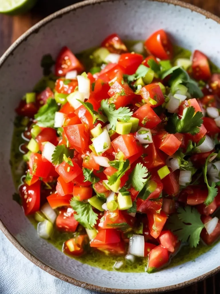 A bowl of fresh pico de gallo, a vibrant salsa made with chopped tomatoes, onions, cilantro, and lime juice. The salsa looks incredibly appetizing and perfect for adding flavor to tacos, burritos, and other dishes.