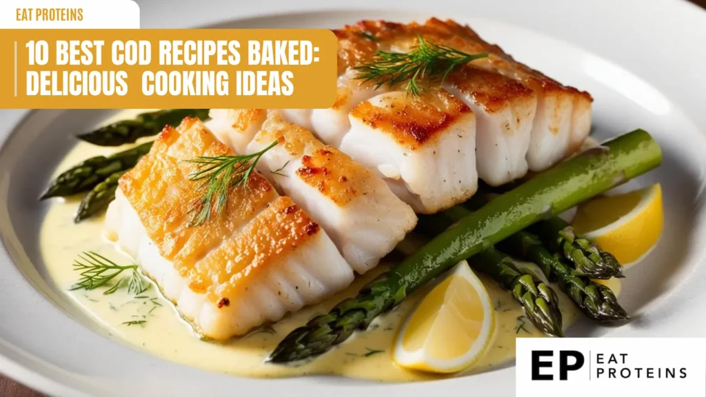 A plate of baked cod fillets served with roasted asparagus and lemon wedges. The fish is golden brown and flaky, and the asparagus is crisp-tender. The image is accompanied by the text "10 Best Cod Recipes Baked: Delicious Cooking Ideas."