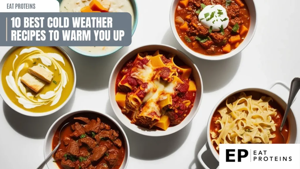 A collage showcasing 10 comforting and hearty cold weather recipes. The top row features a creamy potato soup, a bowl of chili, and a lasagna soup. The middle row showcases a bowl of goulash, a plate of lasagna roll-ups, and a bowl of pasta with meatballs. The bottom row features a bowl of chili, a bowl of chicken noodle soup, and a bowl of vegetable soup.