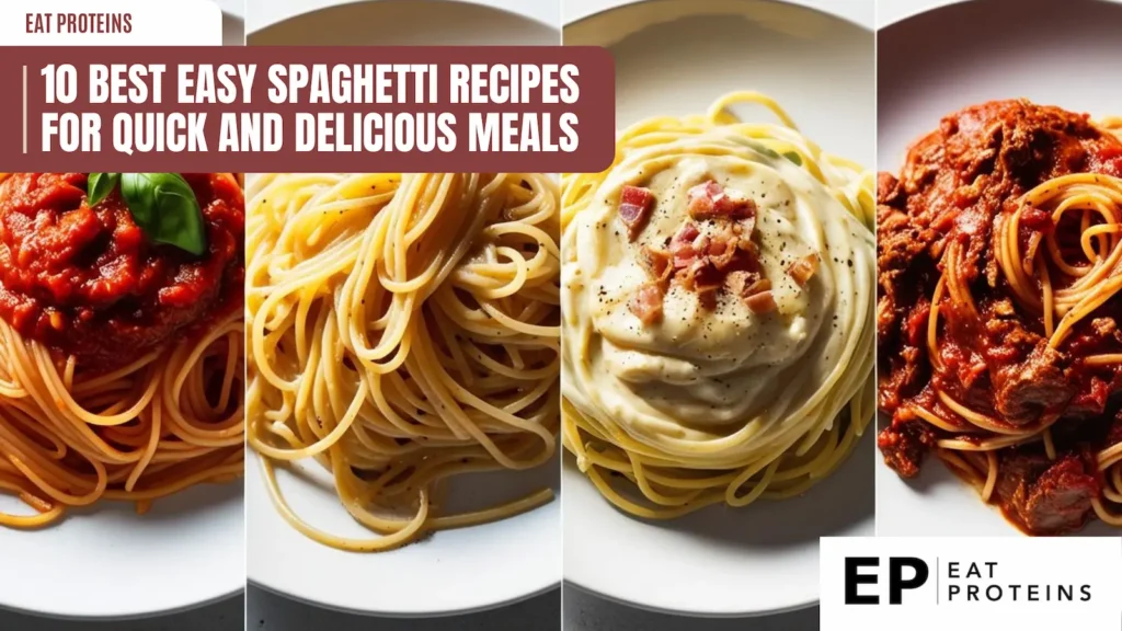 A collage showcasing four delicious spaghetti recipes. The top left image features a bowl of spaghetti with a rich tomato sauce. The top right shows a plate of spaghetti with a creamy Alfredo sauce. The bottom left highlights a plate of spaghetti with a classic meat sauce, while the bottom right showcases a plate of spaghetti with a simple olive oil and garlic sauce.