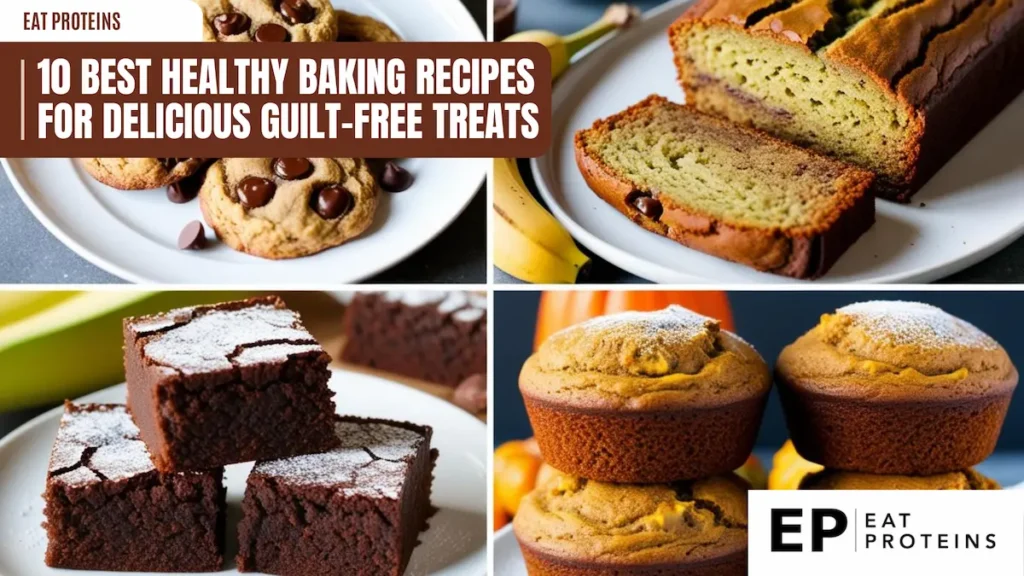 A collage showcasing four different healthy baking recipes: chocolate chip cookies, banana bread, brownies, and pumpkin muffins. The image is accompanied by the text "10 Best Healthy Baking Recipes for Delicious Guilt-Free Treats" and the Eat Proteins logo.