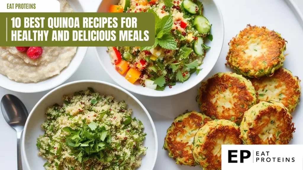 A collage of three different quinoa dishes: a colorful quinoa salad, quinoa fritters, and a bowl of quinoa with berries and nuts. The image is accompanied by the text "10 Best Quinoa Recipes for Healthy and Delicious Meals."