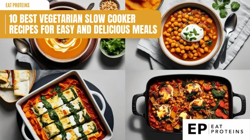 A collage of four vegetarian dishes cooked in a slow cooker: a creamy pumpkin soup, a hearty chickpea stew, a cheesy spinach lasagna, and a colorful vegetable casserole. The image is accompanied by the text "10 Best Vegetarian Slow Cooker Recipes for Easy and Delicious Meals."