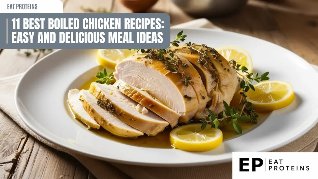 A plate of sliced, juicy boiled chicken breast served with lemon slices and fresh herbs. The dish looks delicious and healthy, perfect for a quick and easy meal. The text "11 Best Boiled Chicken Recipes: Easy and Delicious Meal Ideas" is superimposed on the image.