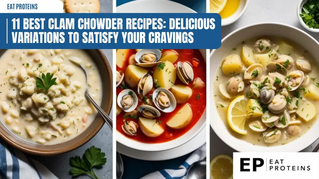 A collage of three different clam chowder variations. The first bowl features a creamy white chowder, the second a vibrant red Manhattan-style chowder, and the third a clear broth-based chowder with potatoes and clams. The image is accompanied by the text "11 Best Clam Chowder Recipes: Delicious Variations to Satisfy Your Cravings."