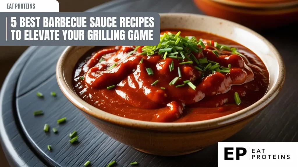 A bowl of homemade barbecue sauce. The sauce is a rich, deep red color and is garnished with chopped chives. The image is accompanied by the text "5 Best Barbecue Sauce Recipes to Elevate Your Grilling Game."