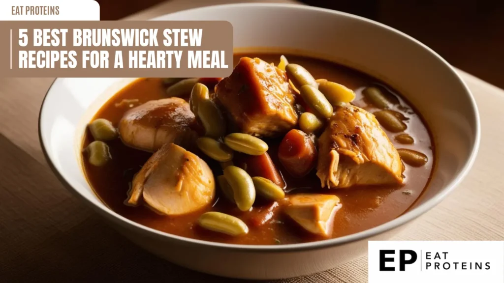 A bowl of Brunswick Stew, a hearty stew featuring tender chunks of chicken, vegetables like lima beans and carrots, all simmered in a rich tomato-based broth. The image is accompanied by the text "5 Best Brunswick Stew Recipes for a Hearty Meal."