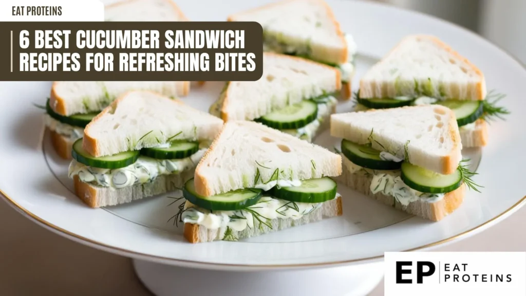 A platter of dainty cucumber sandwiches. Each triangle of white bread is filled with a light green cucumber and dill filling. The image is accompanied by the text "6 Best Cucumber Sandwich Recipes for Refreshing Bites."