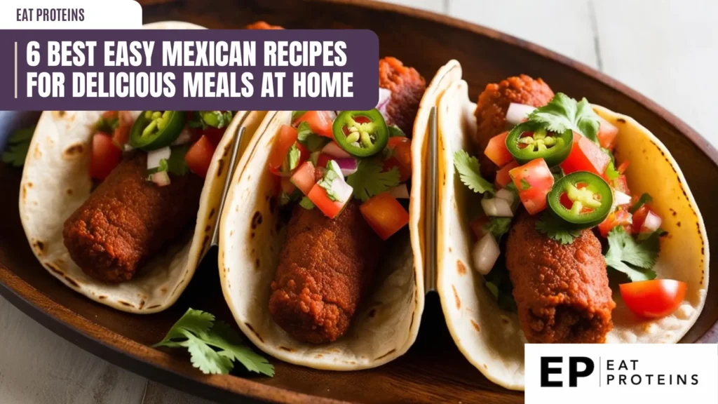 A plate of three tacos filled with seasoned ground meat, topped with fresh salsa, chopped cilantro, and a garnish of sliced jalapeños. The image is accompanied by the text "6 Best Easy Mexican Recipes for Delicious Meals at Home."