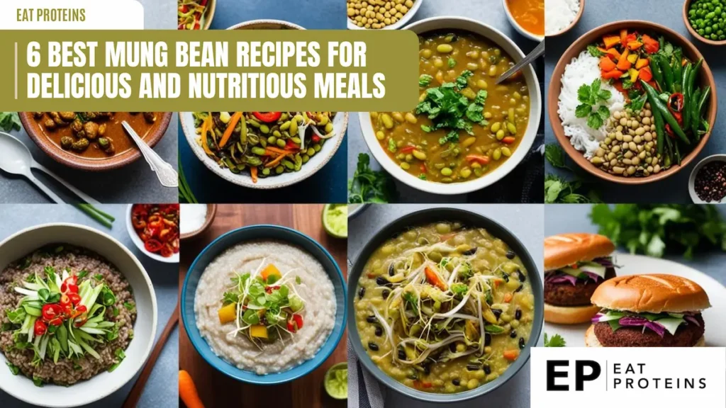 A collage showcasing six delicious mung bean recipes. The top row features a hearty stew, a stir-fry with colorful vegetables, and a comforting soup. The middle row highlights a bowl of mung bean sprouts with chili peppers, a creamy porridge, and a vibrant salad.