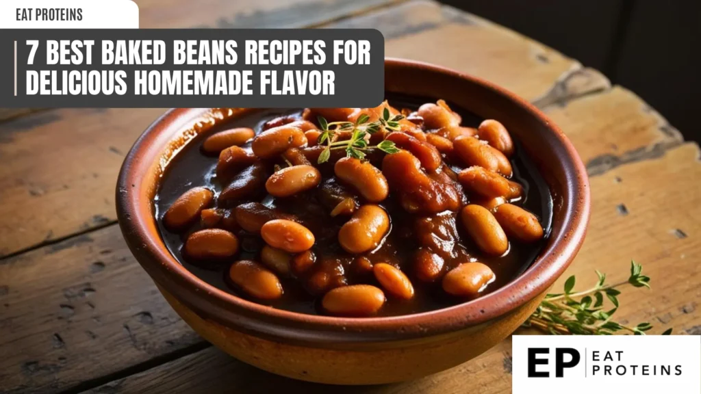 A close-up of a bowl of baked beans. The beans are cooked in a rich, brown sauce and look tender and flavorful. The dish is garnished with chopped onions and thyme, adding a touch of sweetness and savory flavor. 