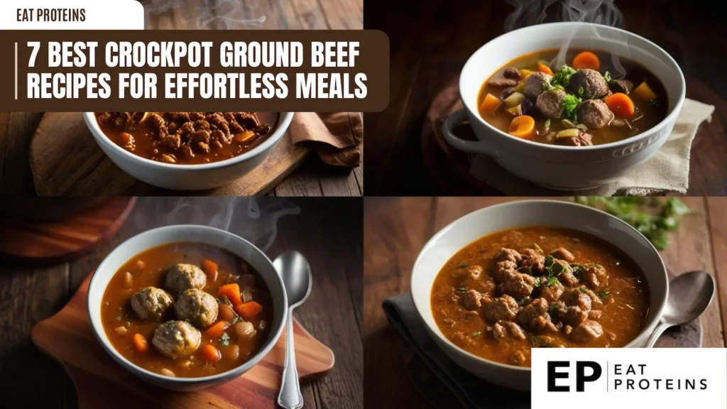 A collage showcasing four delicious ground beef dishes cooked in a slow cooker. The top left image features a hearty stew with chunks of ground beef and vegetables. The top right shows a bowl of meatball soup with meatballs, carrots, and onions. The bottom left highlights a creamy potato soup with ground beef, while the bottom right showcases a classic chili with ground beef, beans, and spices. These recipes are perfect for effortless and flavorful meals.