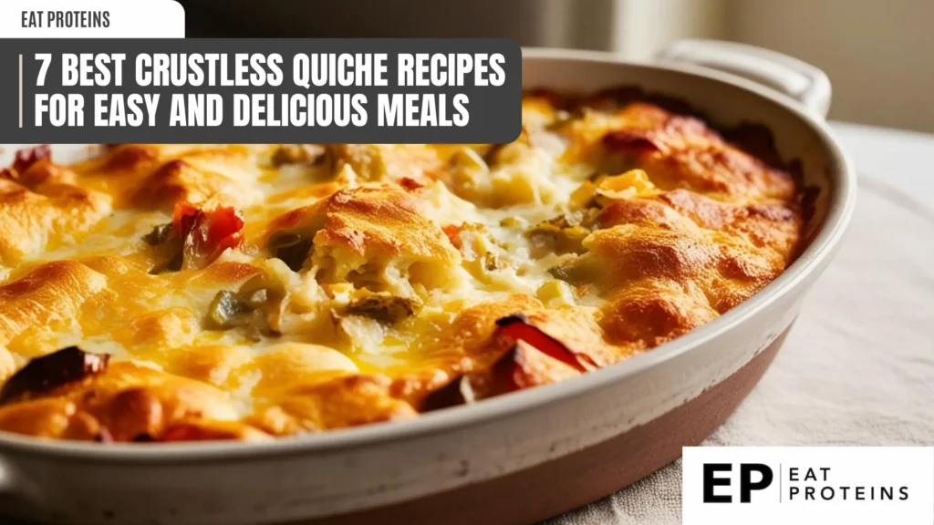 A golden-brown, crustless quiche bubbling in a baking dish. The quiche is filled with a creamy egg custard and looks incredibly delicious. The image is accompanied by the text "7 Best Crustless Quiche Recipes for Easy and Delicious Meals."