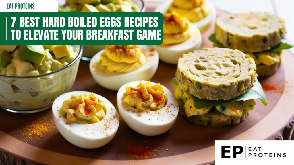 A variety of hard-boiled egg dishes: deviled eggs with paprika, avocado egg salad, and a unique egg sandwich. The image is accompanied by the text "7 Best Hard Boiled Eggs Recipes to Elevate Your Breakfast Game."