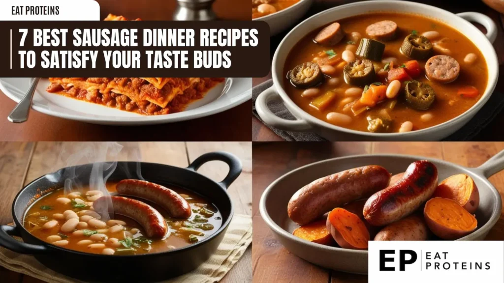 A collage showcasing four delicious sausage-based dishes. The top left image features a lasagna with sausage and tomato sauce. The top right shows a hearty sausage and bean soup. The bottom left highlights a skillet of sausage and white beans, while the bottom right showcases grilled sausages served with sweet potatoes. These recipes are sure to satisfy any sausage lover's taste buds.