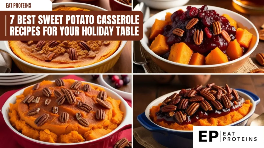 A collage showcasing four different sweet potato casserole variations. Each casserole is topped with pecans and looks incredibly appetizing. The image is accompanied by the text "7 Best Sweet Potato Casserole Recipes for Your Holiday Table" and the Eat Proteins logo.




