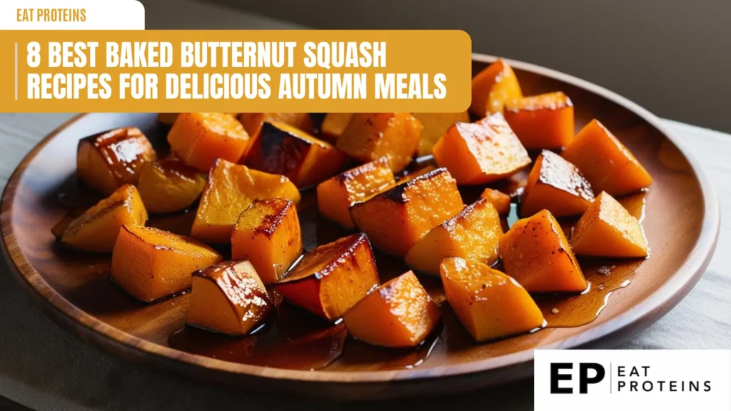 A wooden plate filled with roasted butternut squash cubes. The squash is caramelized and glistening, with a rich, golden color. The image is accompanied by the text "8 Best Baked Butternut Squash Recipes for Delicious Autumn Meals."