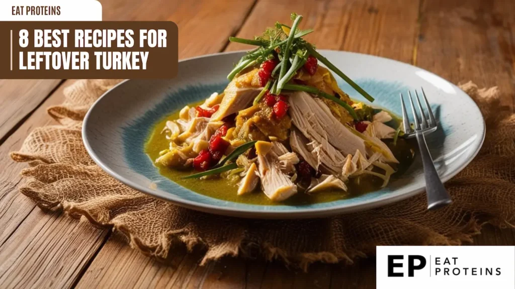 A plate of shredded leftover turkey in a rich, golden sauce. The dish is garnished with pomegranate seeds and fresh herbs, creating a vibrant and appetizing presentation. The image is accompanied by the text "8 Best Recipes for Leftover Turkey."