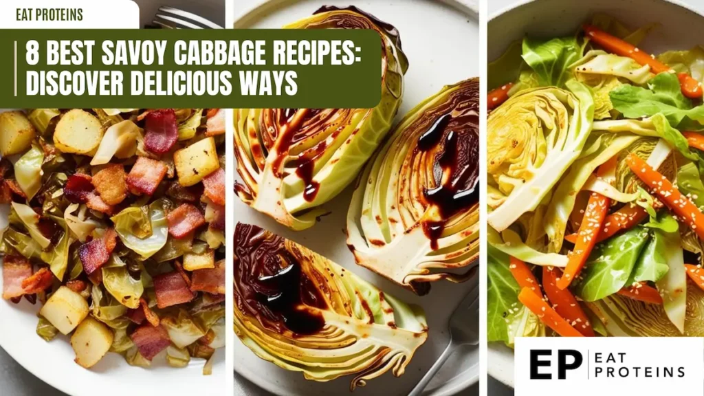 A collage of three different Savoy cabbage dishes: one with bacon and potatoes, another with a balsamic glaze, and a third with carrots and sesame seeds. The image is accompanied by the text "8 Best Savoy Cabbage Recipes: Discover Delicious Ways."