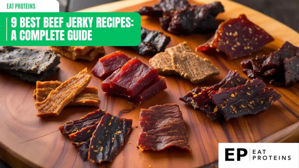 A variety of homemade beef jerky pieces arranged on a wooden board. The jerky comes in different colors and textures, indicating various flavors and marinades. The image is accompanied by the text "9 Best Beef Jerky Recipes: A Complete Guide" and the Eat Proteins logo.