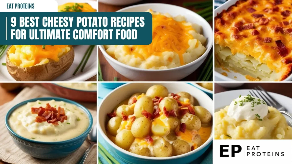 A collage showcasing nine comforting and cheesy potato recipes. The top row features a loaded baked potato, a bowl of mashed potatoes topped with cheese, and a cheesy potato casserole. The middle row highlights a bowl of loaded potato soup, a dish of roasted potatoes with bacon and cheese, and a close-up of mashed potatoes with sour cream. 