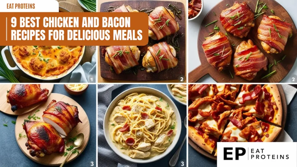 A collage showcasing nine mouthwatering chicken and bacon recipes. The top row features a cheesy casserole, bacon-wrapped chicken thighs, and a close-up of crispy bacon. The middle row highlights a baked dish with bacon and chives, a creamy pasta dish, and a pizza with bacon and chicken. The bottom row shows a close-up of bacon-wrapped chicken, a side view of the pasta dish, and a slice of the pizza.