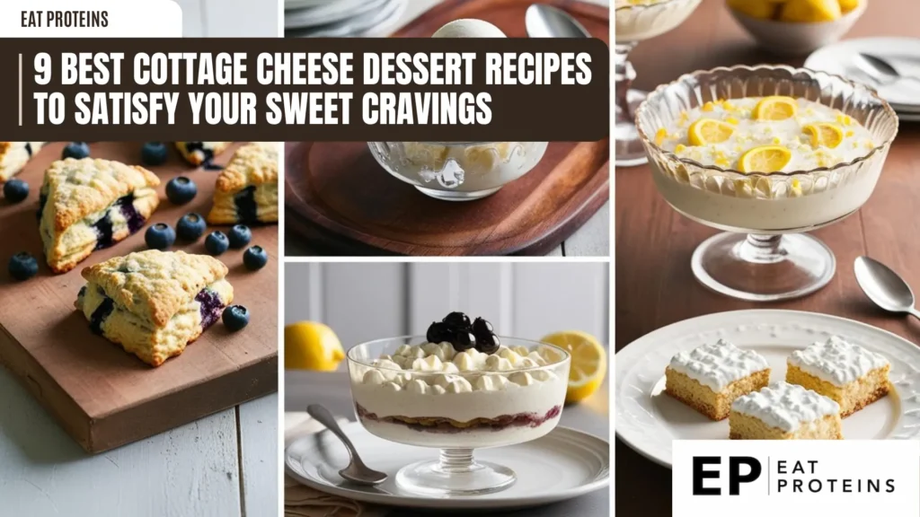 A collage showcasing three delicious cottage cheese dessert recipes. The image features blueberry scones, a lemon dessert in a glass bowl, and a cottage cheese-based dessert served on a plate. The text overlay reads "9 Best Cottage Cheese Dessert Recipes to Satisfy Your Sweet Cravings."