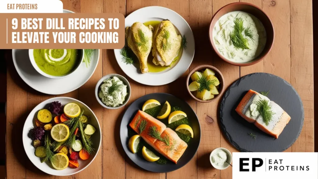 A flat lay image showcasing various dishes made with dill, including roasted vegetables, salmon with lemon and dill, a creamy soup, and baked potatoes. The image is accompanied by the text "9 Best Dill Recipes to Elevate Your Cooking" and the Eat Proteins logo.