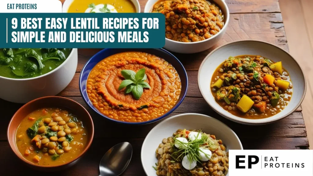 A collection of colorful bowls filled with various lentil dishes. The bowls are arranged on a wooden table with the text "9 Best Easy Lentil Recipes for Simple and Delicious Meals" displayed in the center.