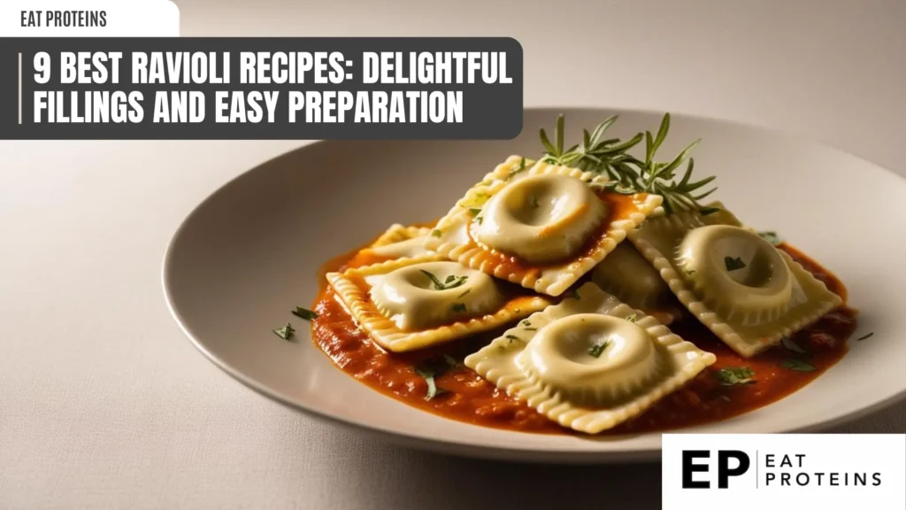 A plate of homemade ravioli with a tomato sauce. The ravioli is filled with ricotta cheese and spinach, and the sauce is topped with fresh basil leaves. The dish looks delicious and inviting.