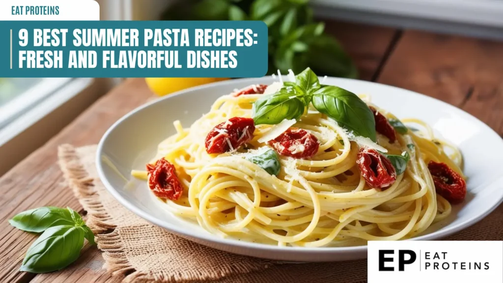 A plate of spaghetti with sun-dried tomatoes and fresh basil. The pasta looks creamy and delicious. The image is accompanied by the text "9 Best Summer Pasta Recipes: Fresh and Flavorful Dishes" and the Eat Proteins logo.