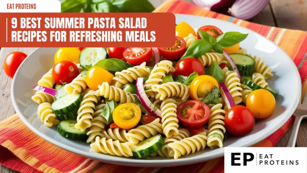 A colorful pasta salad with rotini pasta, cherry tomatoes, cucumbers, red onion, and fresh basil. The image is accompanied by the text "9 Best Summer Pasta Salad Recipes for Refreshing Meals."