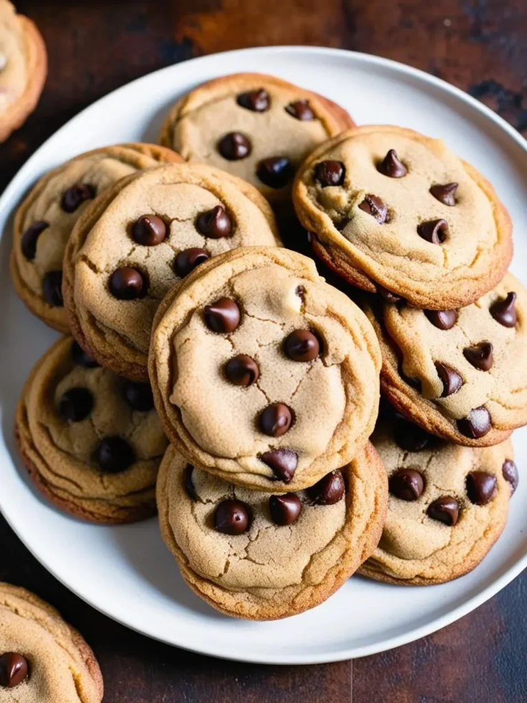 A plate of freshly baked chocolate chip cookies. The cookies are golden brown and have a chewy texture. They are scattered across the plate, and some are stacked on top of each other. The cookies look delicious and ready to eat.