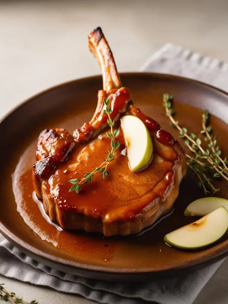 A perfectly cooked pork chop glazed with a rich, brown sauce. It's plated with a sprig of thyme and a few slices of apple, making it a visually appealing and delicious dish.