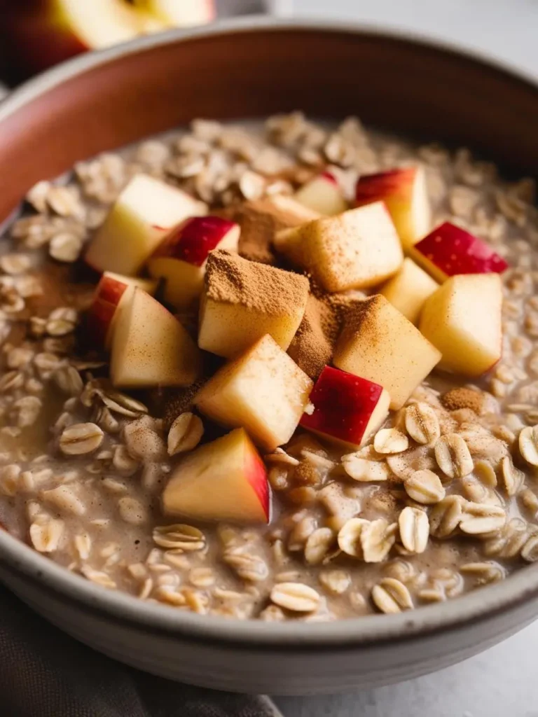 A close-up of a bowl of warm oatmeal topped with diced apples, cinnamon, and a sprinkle of brown sugar. The oatmeal looks creamy and delicious, perfect for a cozy breakfast.