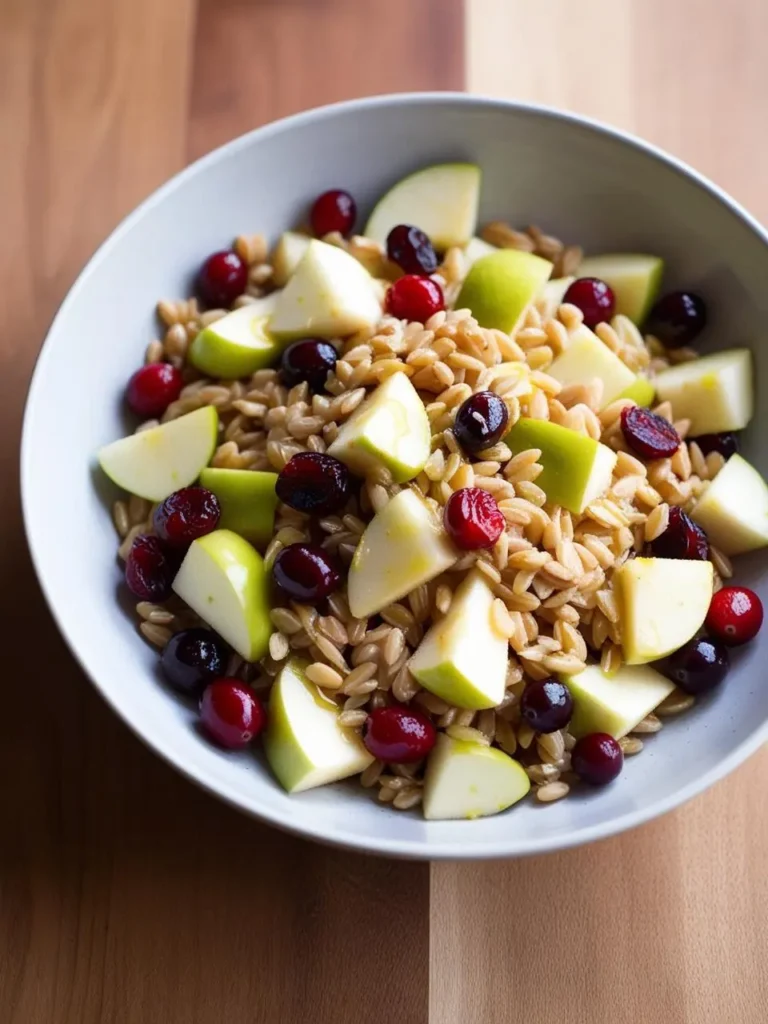 A vibrant farro salad in a white bowl, featuring crisp green apple slices, dried cranberries, and chewy farro grains. The dish combines sweet and tart flavors, with bright colors and a light dressing that glistens on the surface, creating a refreshing and visually appealing meal.