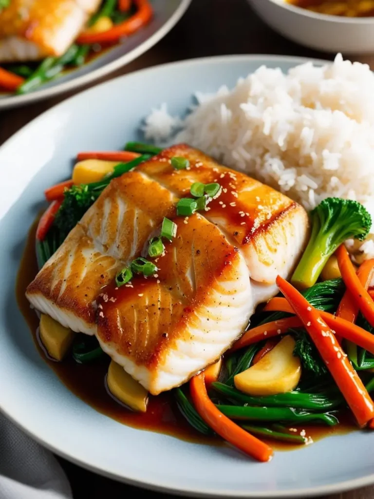 A plate of pan-seared Chilean sea bass glazed with a savory teriyaki sauce. The fish is served on a bed of fluffy white rice and accompanied by a colorful array of roasted vegetables. The dish looks incredibly appetizing and flavorful.