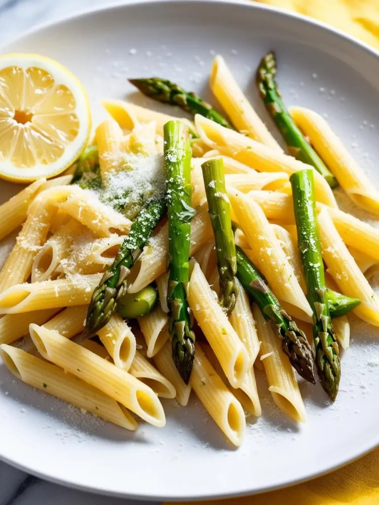 A plate of penne pasta tossed with asparagus spears, grated Parmesan cheese, and a wedge of lemon. The dish looks light, fresh, and full of flavor.