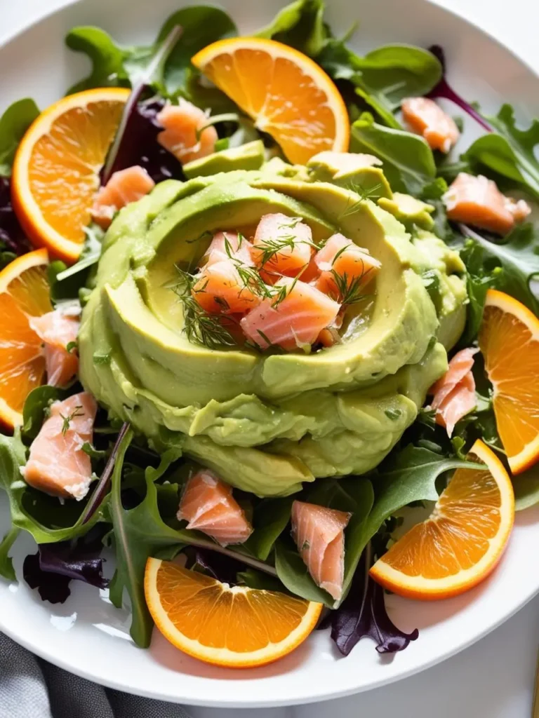 A vibrant and refreshing salad featuring a large avocado filled with smoked salmon and dill. The salad is surrounded by a mix of greens, orange slices, and additional salmon pieces. It's a feast for the eyes and the taste buds!