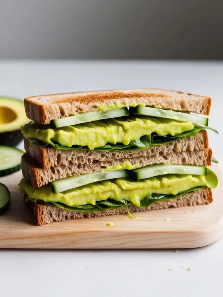 A hearty avocado and cucumber sandwich on toasted whole-grain bread. The sandwich is layered with mashed avocado, spinach leaves, and sliced cucumber, making it a healthy and satisfying option.