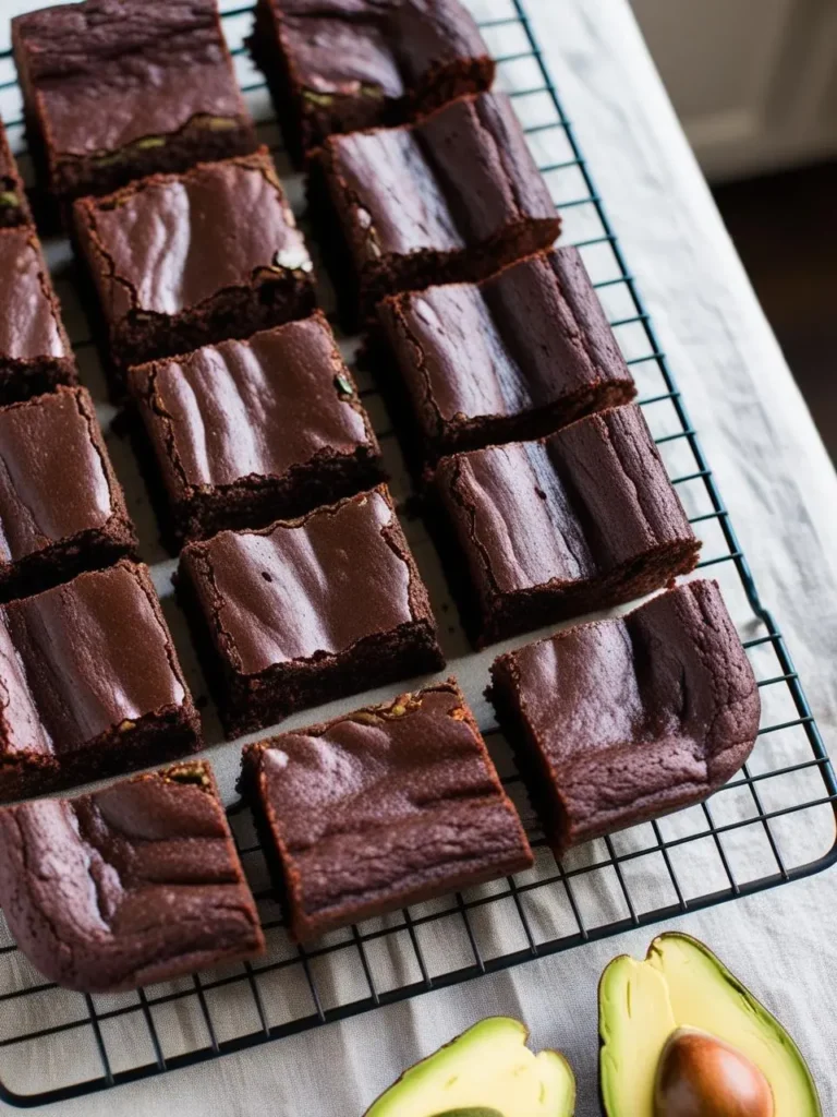 A wire rack filled with squares of rich, dark chocolate brownies. The brownies have a fudgy texture and look incredibly delicious. Two avocados are placed next to the rack, hinting at the unexpected ingredient used in the recipe.